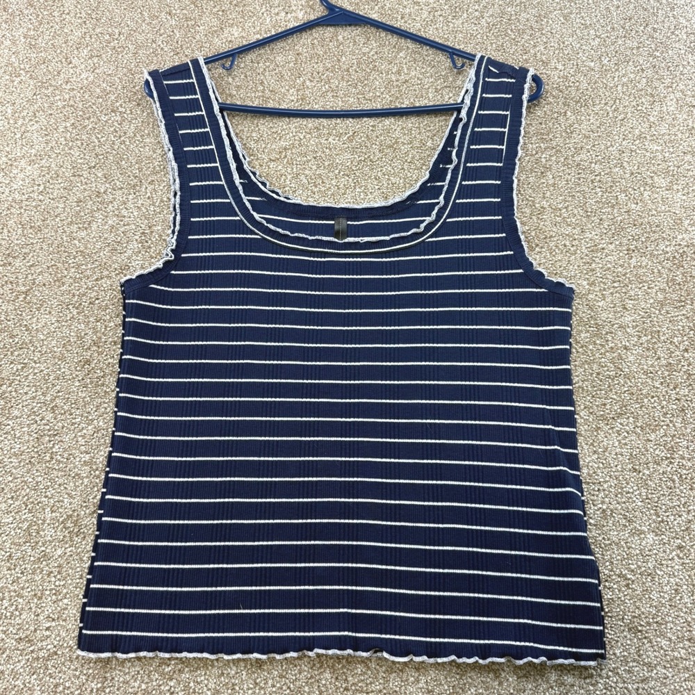 Supplies Navy Blue White Striped Ribbed Lettuce Edge Tank Top Women's Large